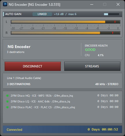 NG Encoder on air with three connected destinations and Encoder Health GOOD